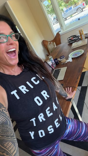 Mer laughing in a Trick or Treat Yo’ Self top